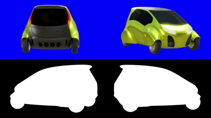 蓝色屏幕背景上的黄色智能电动汽车城市汽车的3d运动循环转盘，带亮度哑光部分。