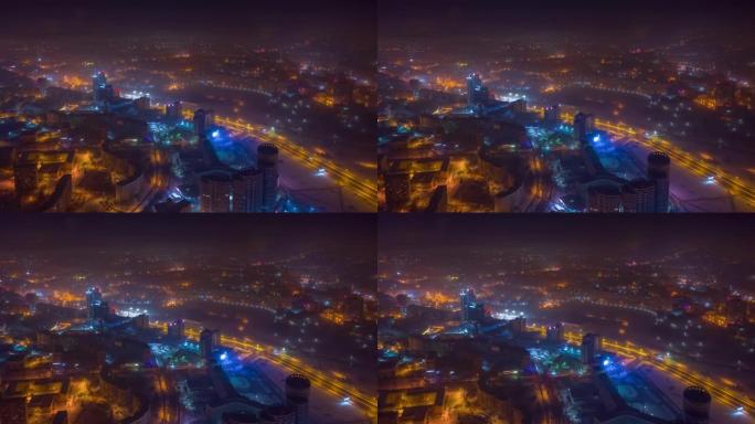 夜间冬季照明明斯克市中心空中全景4k延时白俄罗斯