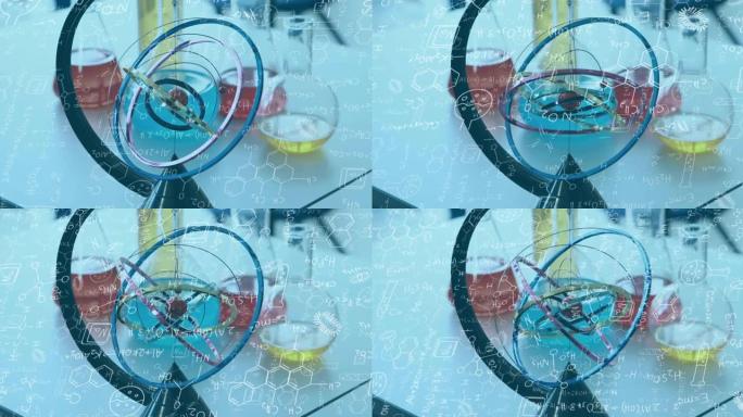 实验室原子模型上的化合物和科学公式的动画