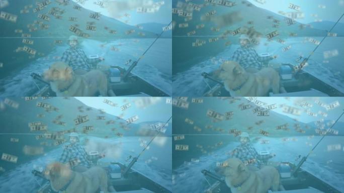 在湖上的一艘电动船中，人与狗对美元下跌的数字合成视频
