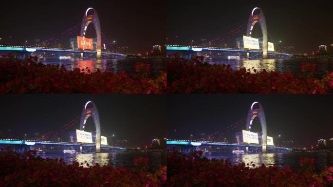 夜间照明广州市著名滨河湾交通大桥全景4k中国