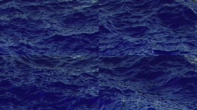 水面上有蓝波的3D循环动画。深蓝色海或海浪的无缝液体背景。