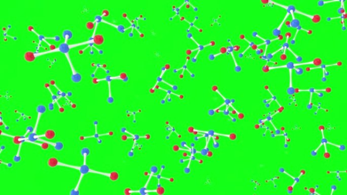 绿色屏幕上的抽象原子分子。物质的微观视图。用于医疗，化学，生物技术和制药实验室。物理概念3D模型背景