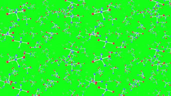 绿色屏幕上的抽象原子分子。物质的微观视图。用于医疗，化学，生物技术和制药实验室。物理概念3D模型背景