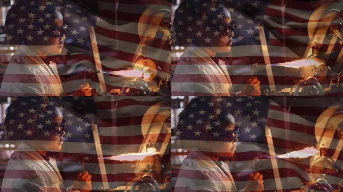 非裔美国女焊工用喷灯对抗飘扬的美国国旗的动画