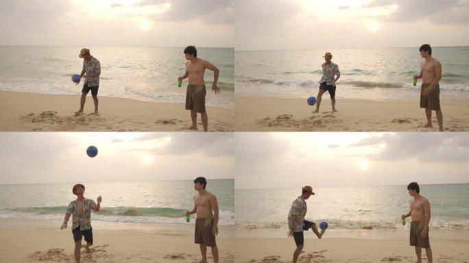 4k亚洲男女朋友一起踢沙滩足球