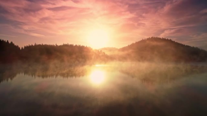 山湖晨雾，日出景，4k航拍
