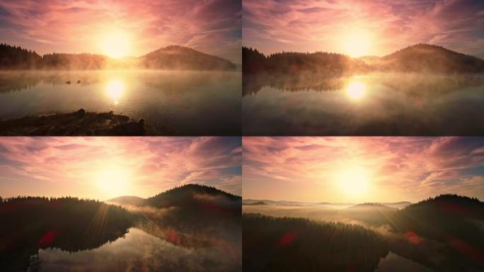 山湖晨雾，日出景，4k航拍
