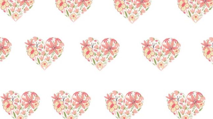 一排排粉红色花朵在白色背景上移动的心的组成