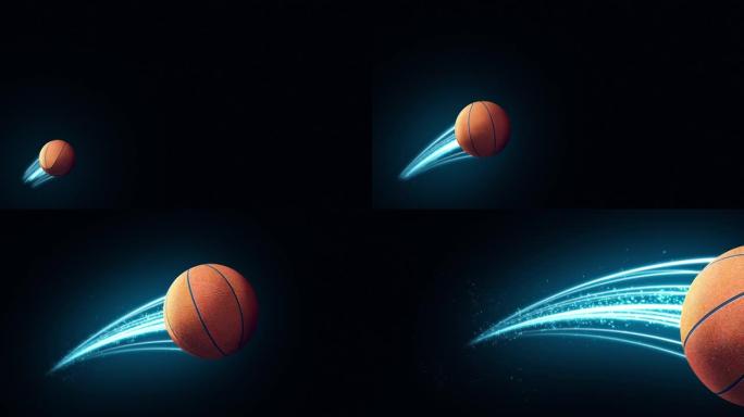 篮球球速快速魔法效果在蓝色火焰和灯光黑色背景3d渲染