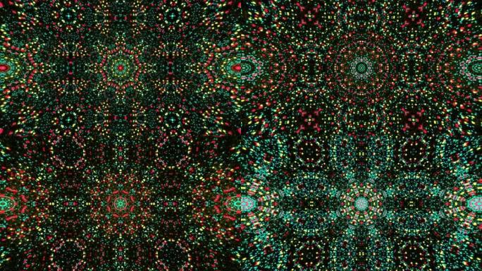 瑜伽、冥想、健身、俱乐部等的千变万化背景。数字曼陀罗分形的抽象无缝循环动画。4k多色花卉粒子网格运动