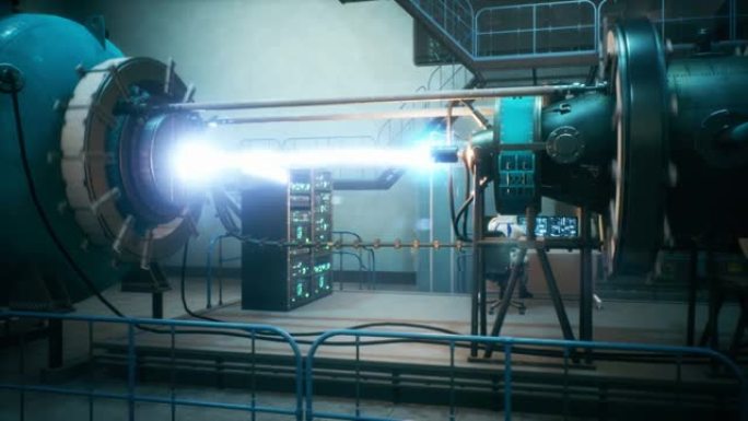 产生无限能量的时间机器或聚变反应堆。该动画适用于奇妙的，未来派或科学背景。物理学家控制时间机器。