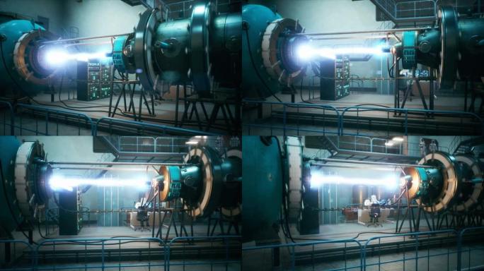 产生无限能量的时间机器或聚变反应堆。该动画适用于奇妙的，未来派或科学背景。物理学家控制时间机器。
