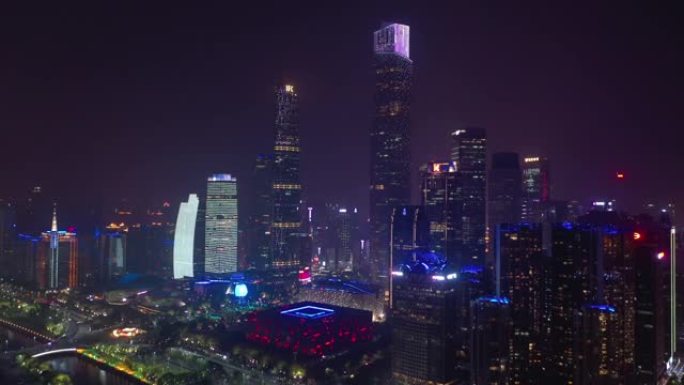 夜间照明广州市著名的现代市中心空中全景4k中国