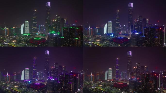 夜间照明广州市著名的现代市中心空中全景4k中国