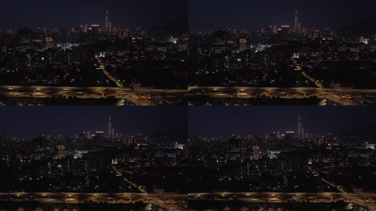 夜间照明台北市容交通街高速公路空中全景4k台湾