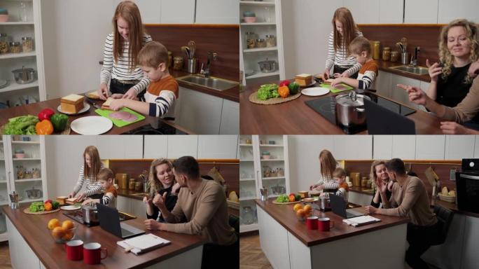 可爱的聋哑孩子在厨房里做三明治