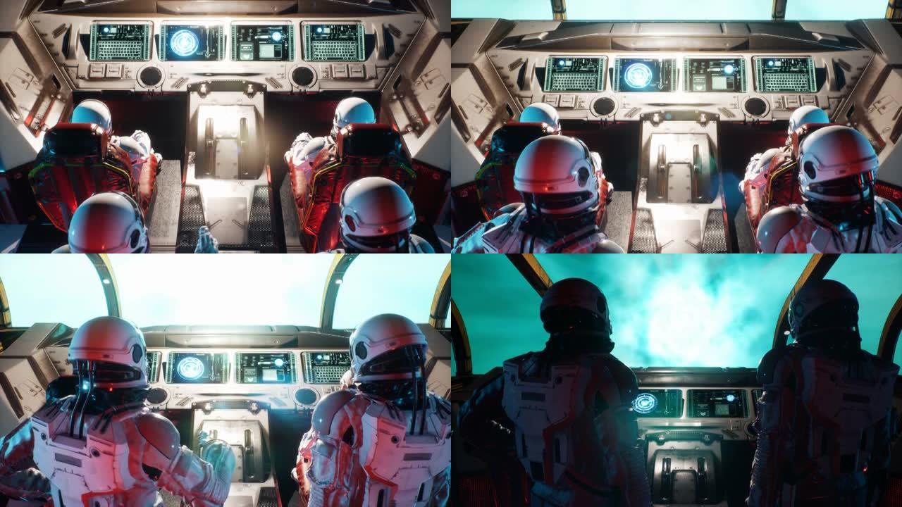 宇航员在星际飞船中飞过太空门。该动画适用于梦幻般的，未来派或太空旅行背景。宇航员的飞船视图。
