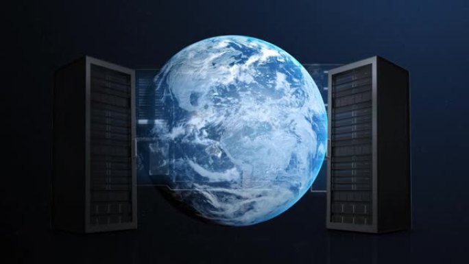 蓝色背景下地球上计算机服务器的动画