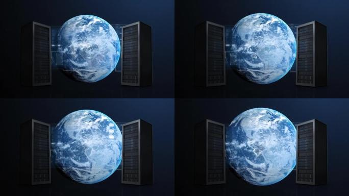 蓝色背景下地球上计算机服务器的动画