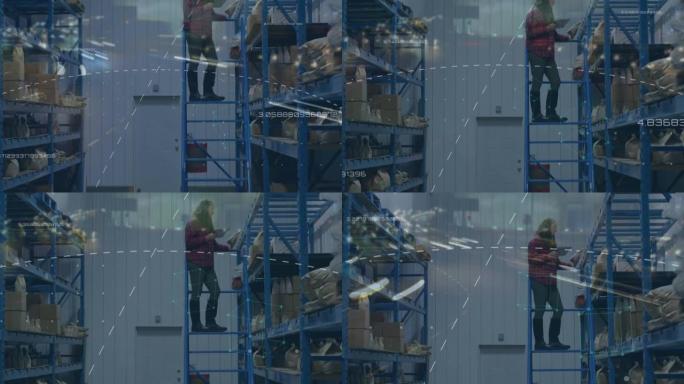 使用平板电脑在仓库运输中心工作的梯子上的女人的道路交通动画