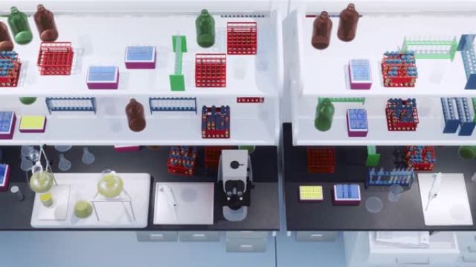 现代科学研究实验室工作场所顶视图3D动画
