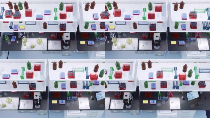 现代科学研究实验室工作场所顶视图3D动画