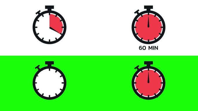 60分钟，秒表图标。平面样式的秒表图标，彩色背景上的计时器。运动图形。