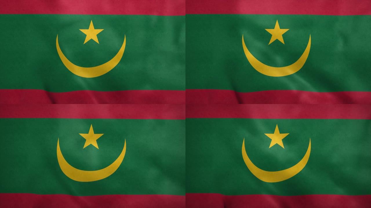 毛里塔尼亚国旗在风中飘扬。无缝循环