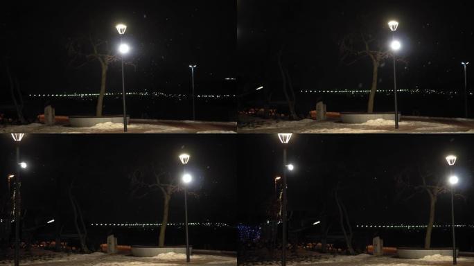 夜市公园明亮的灯光灯笼背景下的惊人降雪初冬平底锅拍摄。晚上的城市景观。气象，天气，自然现象，圣诞快乐