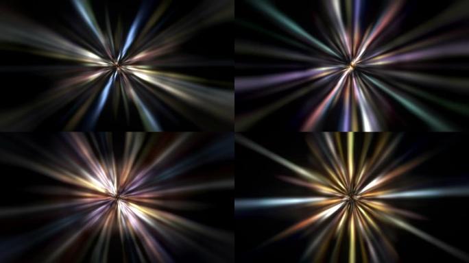 抽象循环旋转彩色闪烁星光闪与从中心恒星旋转发出的光束径向光一起火花。4K 3D分形无缝循环无限复杂发