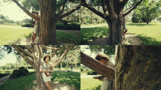 美丽的非洲，美国年轻女孩站在夏天阳光明媚的大树下看书