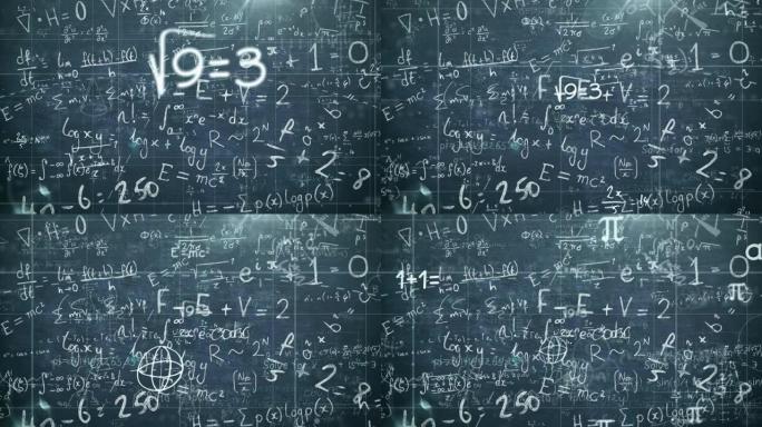 数学方程和公式漂浮在黑板上的数字动画