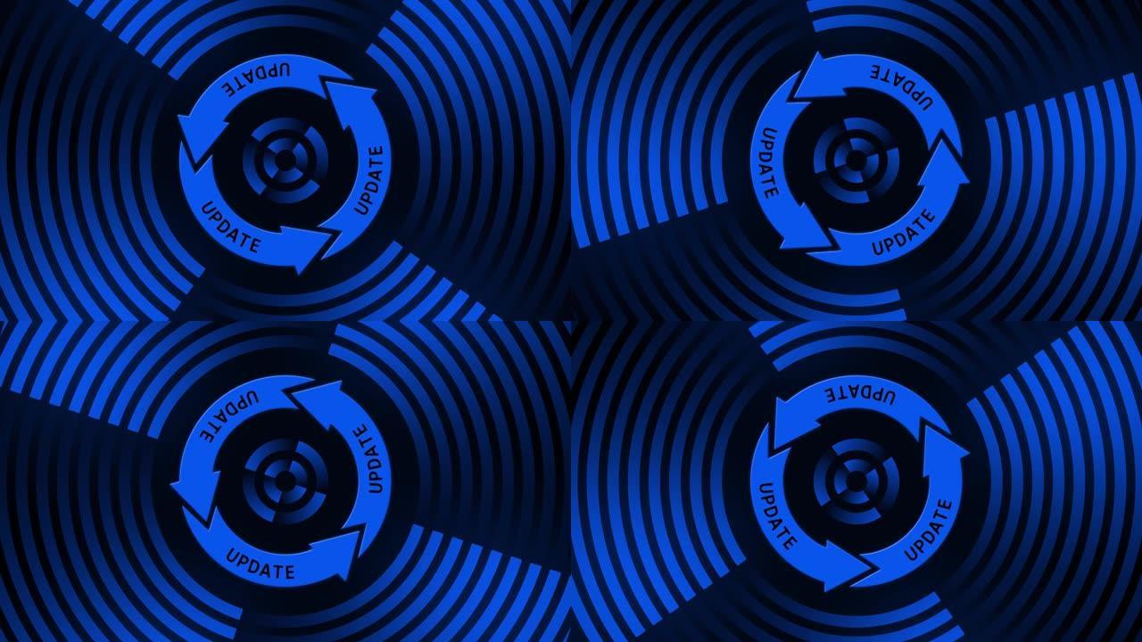 圆形线中心更新标志上更新字母4k的抽象运动-黑色背景上蓝色的图形元素-软件更新计算机程序