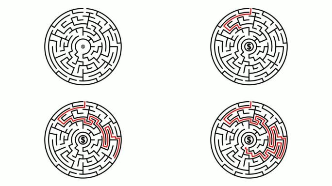动画红线穿过迷宫向迷宫中心的带有美元符号的硬币移动。商业上的成功。智力开发的谜题和游戏。循环视频