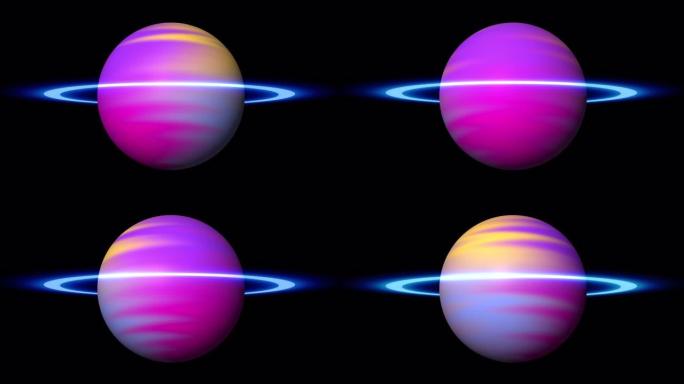 带有ALPHA通道的透明背景上的行星循环动画。紫色神秘行星在太空中旋转着发光的环。宇宙，宇宙概念。抽