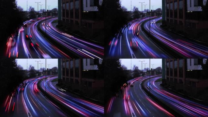 高峰时间交通快速移动，快速移动交通驱动时间推移移动快速光车道效应线灯cg
