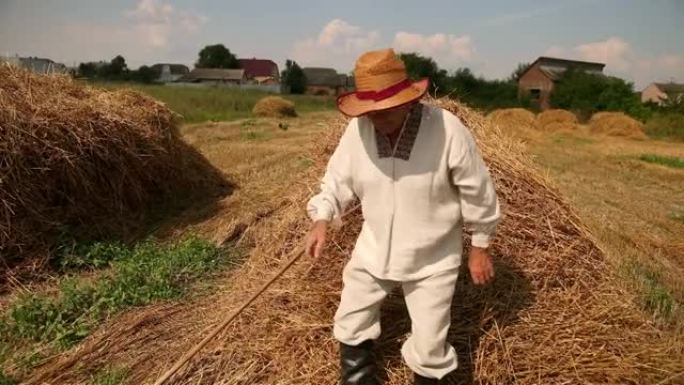 辛苦工作后，疲惫的祖父坐在干草堆上，休息，擦汗