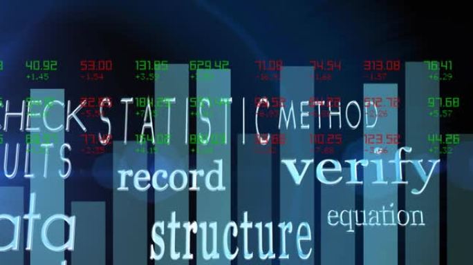 蓝色背景上的分析文本，数据处理和统计记录动画