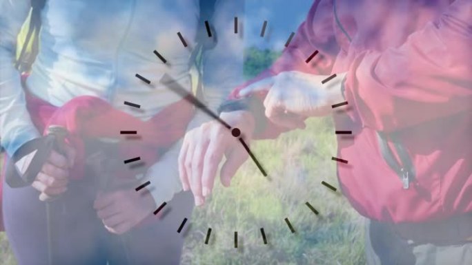 高加索夫妇在乡村徒步旅行，检查手表，在快速移动的钟面上