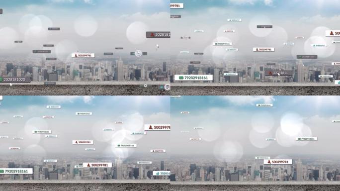 在城市景观上的白色横幅上制作社交媒体图标和数字的动画