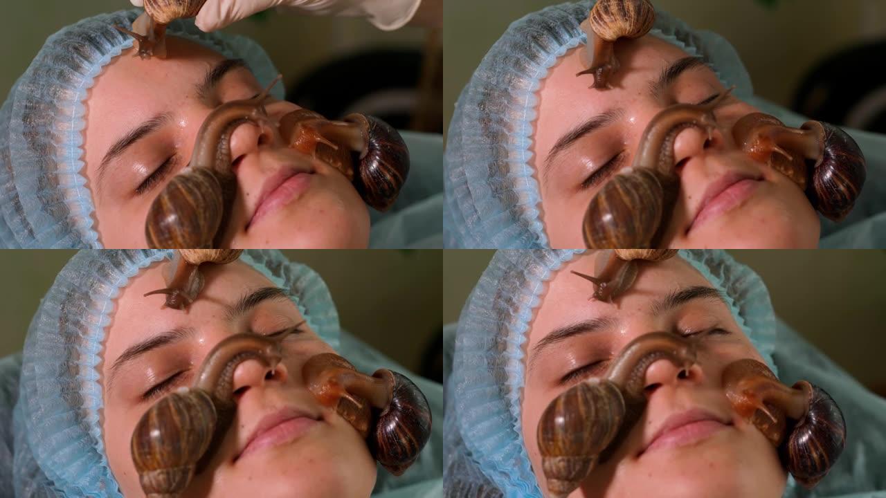 在水疗沙龙接受蜗牛治疗的女人。蜗牛粘液用于皮肤护理。