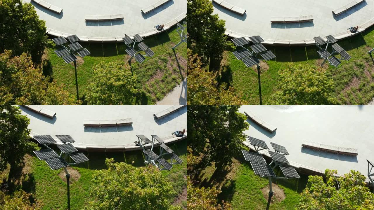 波兰华沙城市公园的太阳能发电厂的俯视图，可再生能源行业