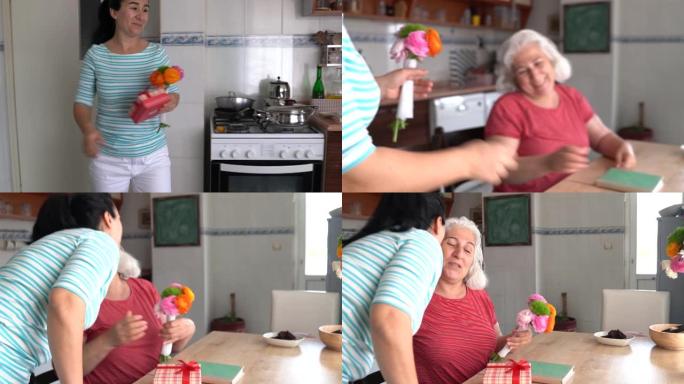 成熟成年女性给年长母亲送花的4k视频