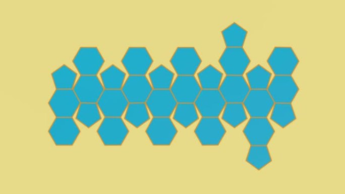 截角二十面体在黄色背景上旋转并打开成网。阿基米德固体。3d动画。