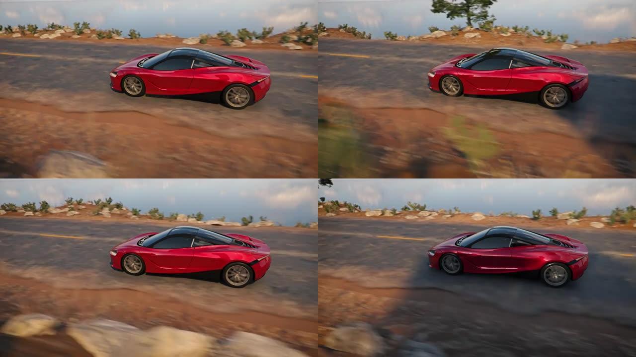 红色超级跑车上路。3d无缝动画-背景中的湖