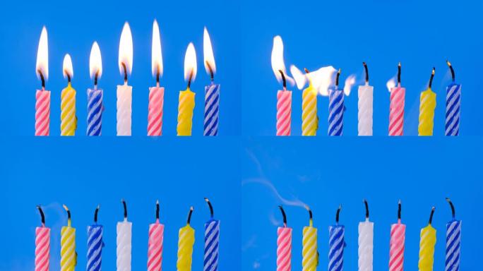 蓝色背景上的生日蜡烛集合