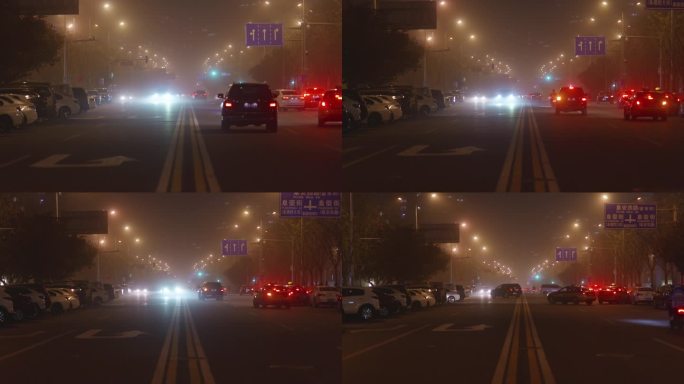 北京夜晚沙尘暴来袭街道实拍素材