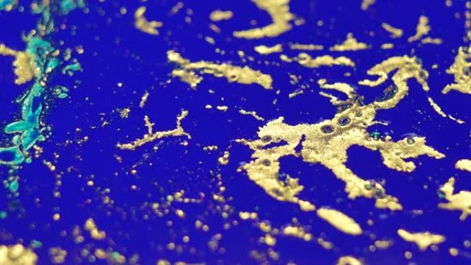 金色闪光的蓝色液体艺术流动抽象
