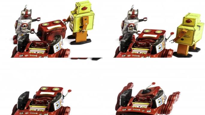 : 两个复古机器人修复大红色机器人头部停止运动